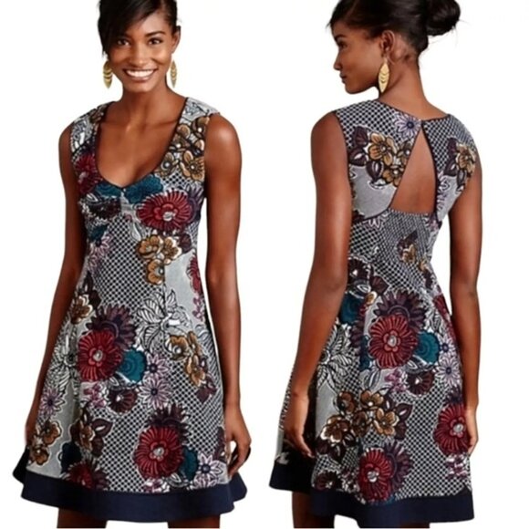 ANTHROPOLOGIE MAEVE Fairchild Navy Floral Stretchy Fit & Flare Dress Med… - Picture 1 of 7
